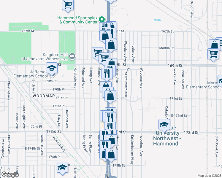 map of restaurants, bars, coffee shops, grocery stores, and more near 7020 Olcott Avenue in Hammond