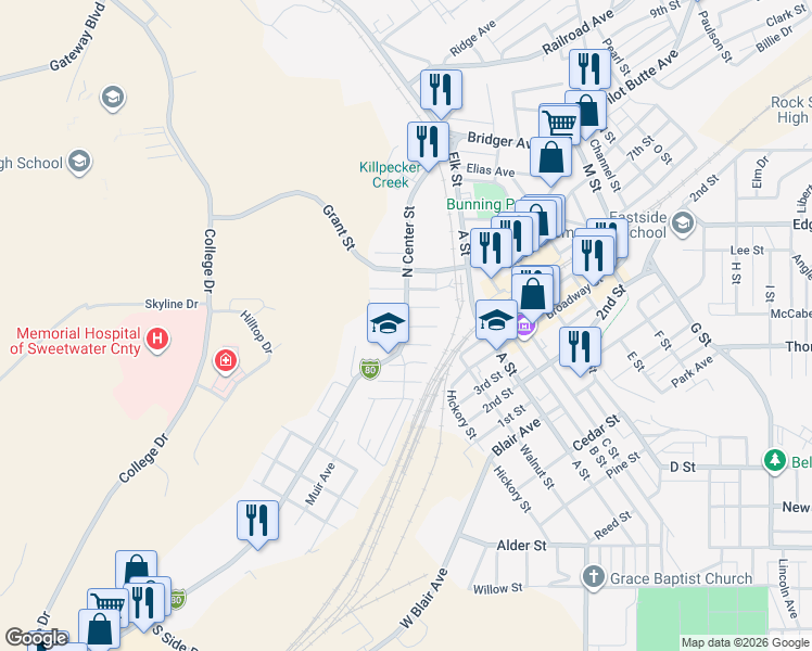 map of restaurants, bars, coffee shops, grocery stores, and more near 398 North Center Street in Rock Springs