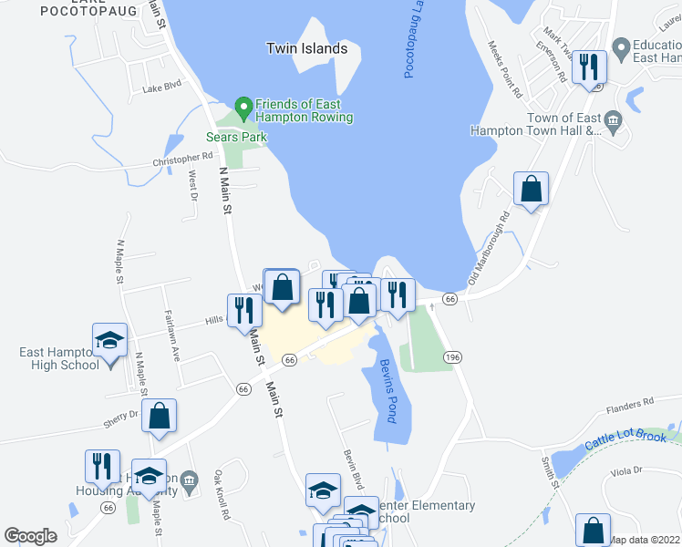 map of restaurants, bars, coffee shops, grocery stores, and more near 2 Mallard Cove Road in East Hampton