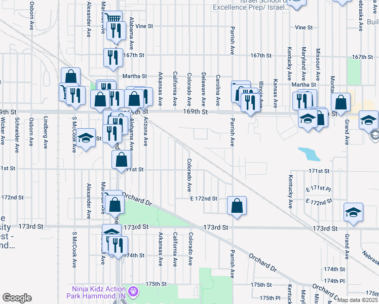 map of restaurants, bars, coffee shops, grocery stores, and more near 7001 Colorado Avenue in Hammond