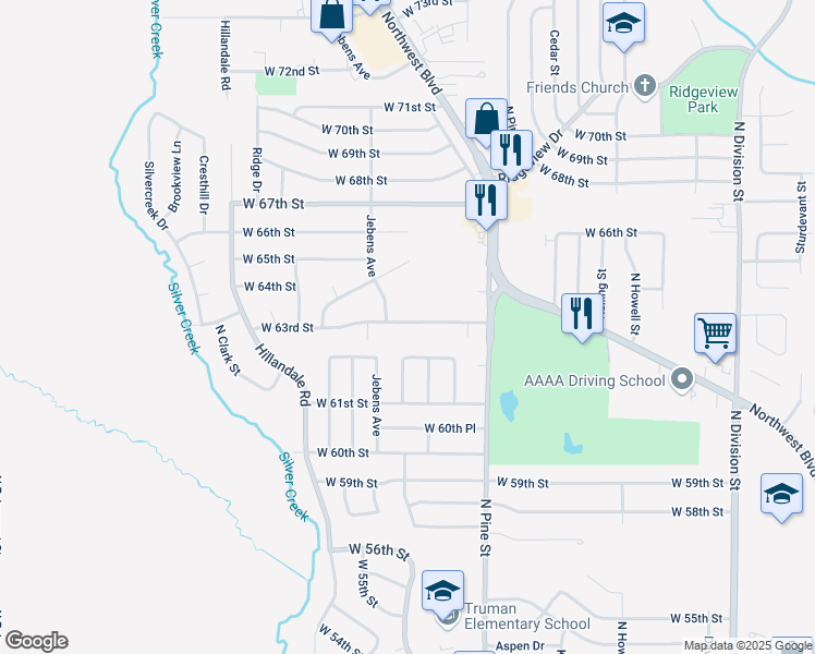 map of restaurants, bars, coffee shops, grocery stores, and more near 2711 West 63rd Street in Davenport
