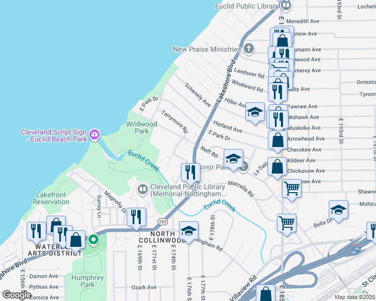 map of restaurants, bars, coffee shops, grocery stores, and more near 17731 Lakeshore Boulevard in Cleveland