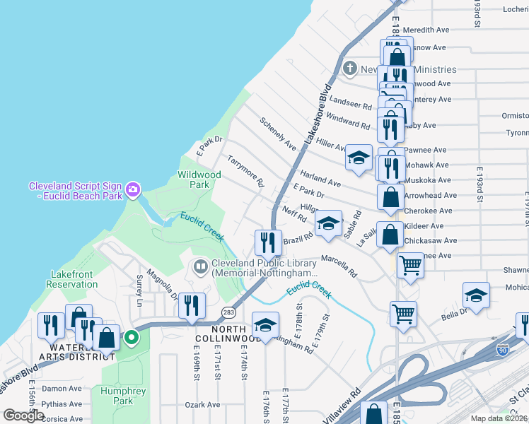 map of restaurants, bars, coffee shops, grocery stores, and more near 17731 Lakeshore Boulevard in Cleveland