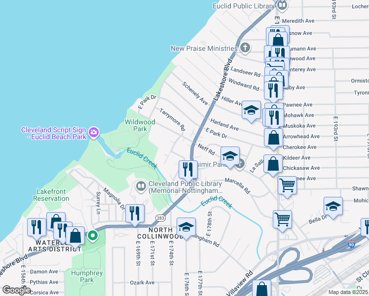 map of restaurants, bars, coffee shops, grocery stores, and more near 17731 Lakeshore Boulevard in Cleveland