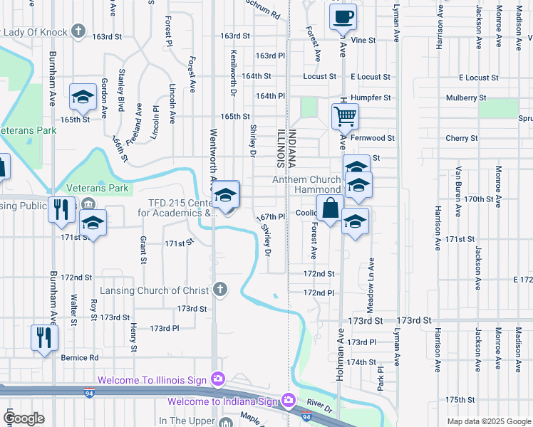 map of restaurants, bars, coffee shops, grocery stores, and more near 22 167th Place in Calumet City