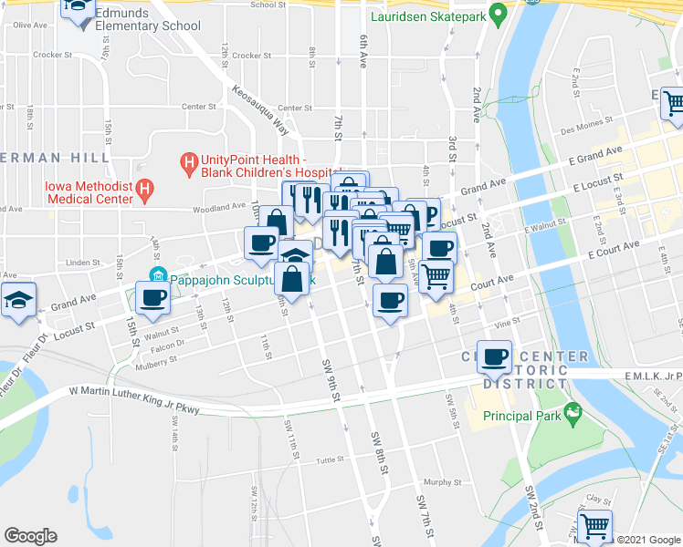 map of restaurants, bars, coffee shops, grocery stores, and more near 317 8th Street in Des Moines