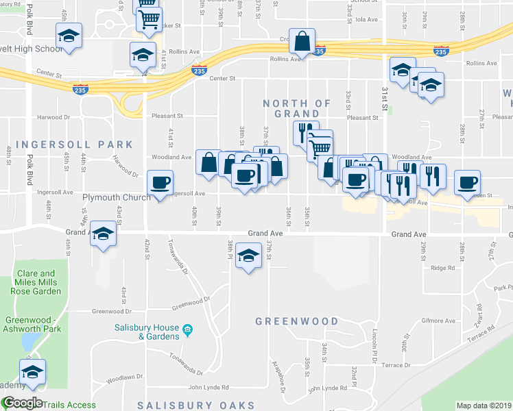 map of restaurants, bars, coffee shops, grocery stores, and more near 3714 Ingersoll Avenue in Des Moines
