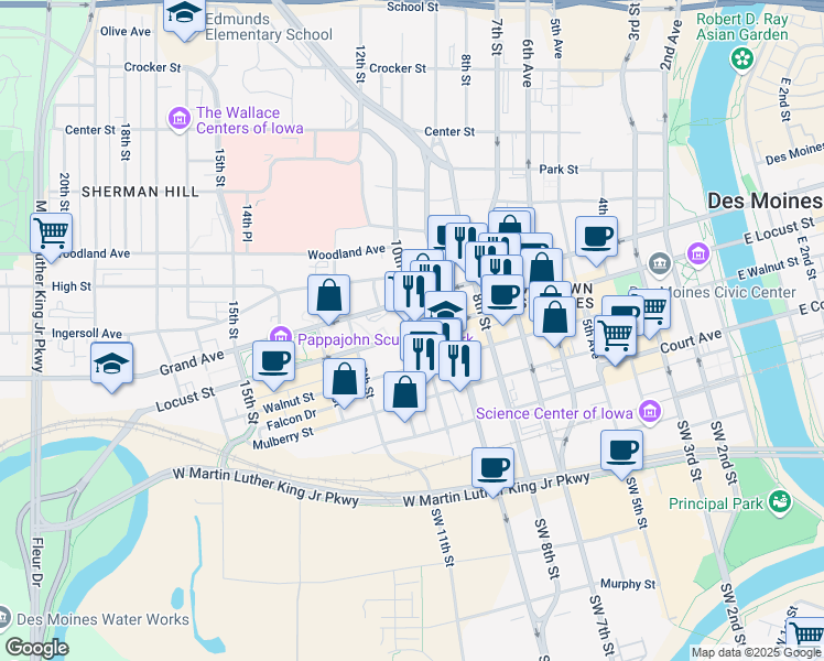 map of restaurants, bars, coffee shops, grocery stores, and more near 1003 Locust Street in Des Moines