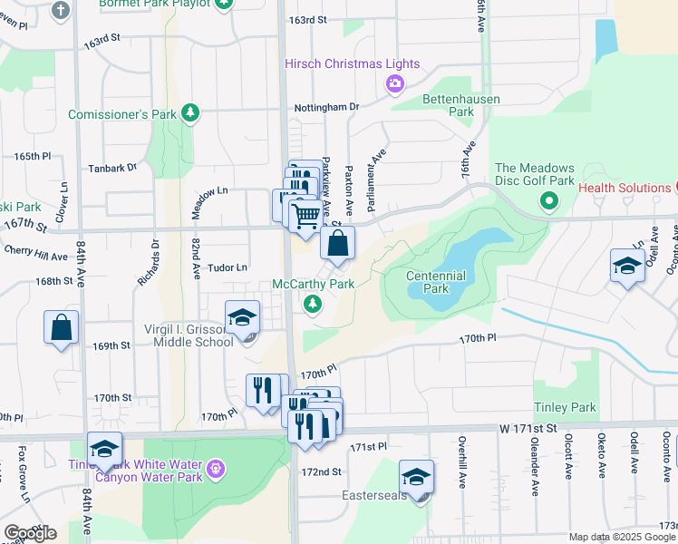 map of restaurants, bars, coffee shops, grocery stores, and more near 16737 Paxton Avenue in Tinley Park