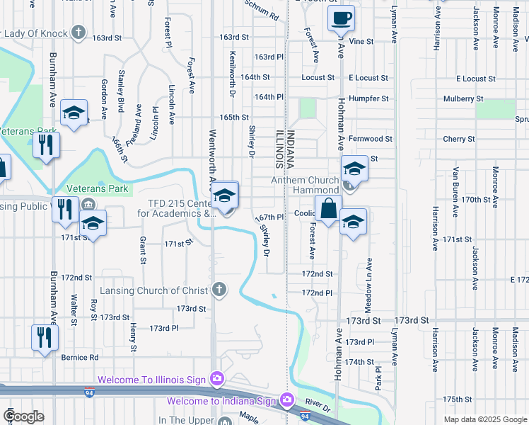 map of restaurants, bars, coffee shops, grocery stores, and more near 22 167th Place in Calumet City