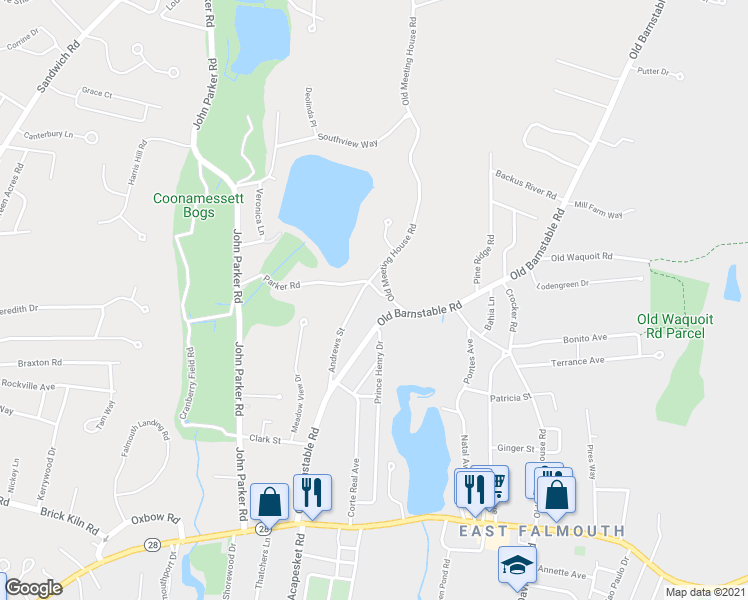 map of restaurants, bars, coffee shops, grocery stores, and more near 61 Andrews Street in Falmouth