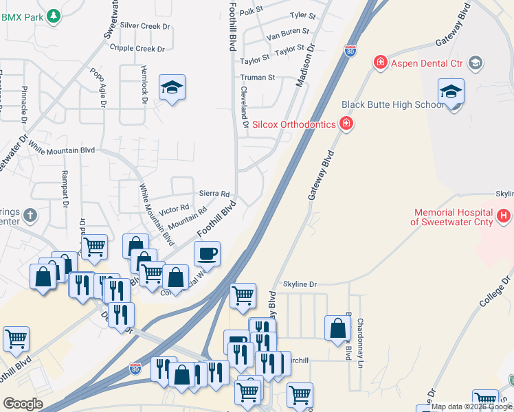map of restaurants, bars, coffee shops, grocery stores, and more near 3302 Roosevelt Way in Rock Springs