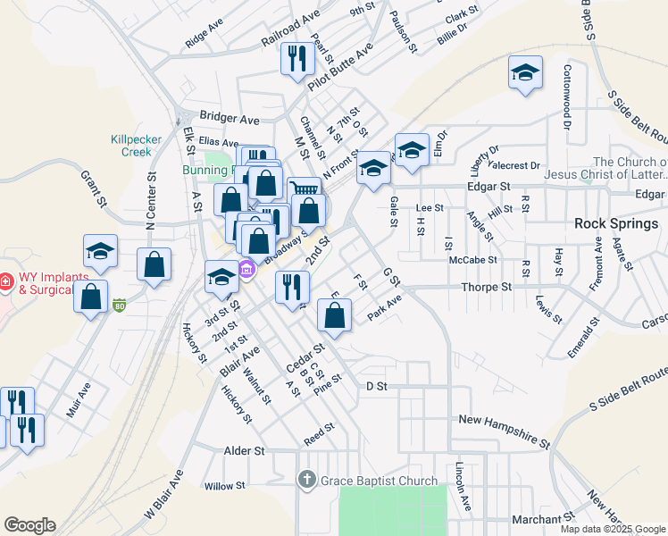 map of restaurants, bars, coffee shops, grocery stores, and more near 613 Gobel Street in Rock Springs
