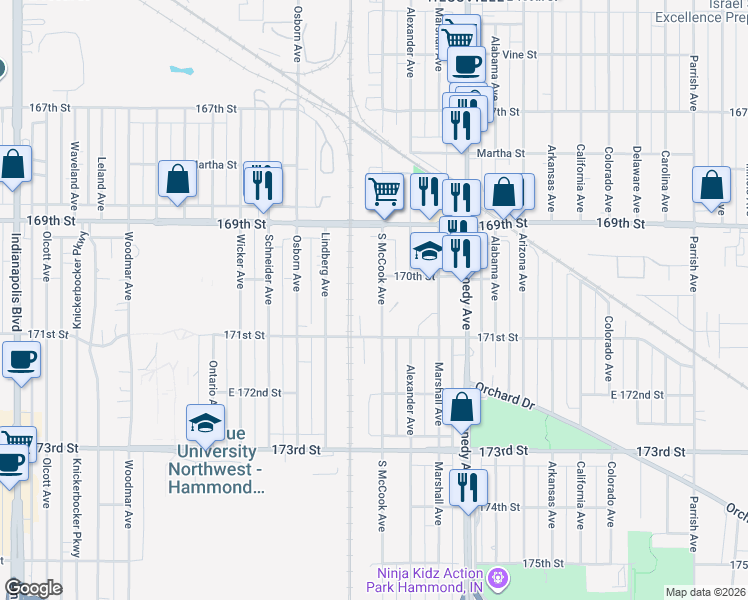 map of restaurants, bars, coffee shops, grocery stores, and more near 7006 Marshall Avenue in Hammond