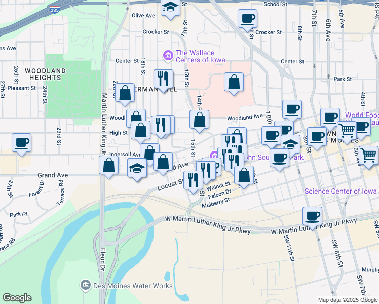 map of restaurants, bars, coffee shops, grocery stores, and more near 1500 Ingersoll Avenue in Des Moines