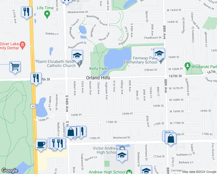 map of restaurants, bars, coffee shops, grocery stores, and more near 16743 Highview Avenue in Orland Hills