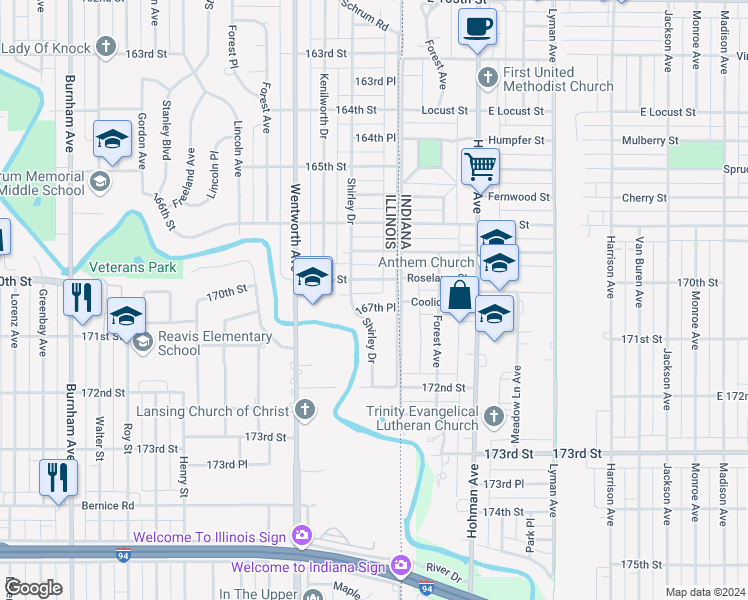 map of restaurants, bars, coffee shops, grocery stores, and more near 22 167th Place in Calumet City