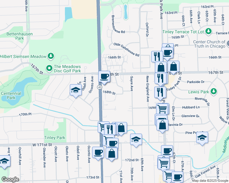 map of restaurants, bars, coffee shops, grocery stores, and more near 7124 168th Street in Tinley Park