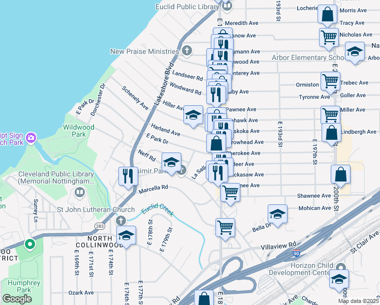 map of restaurants, bars, coffee shops, grocery stores, and more near 18202 East Park Drive in Cleveland
