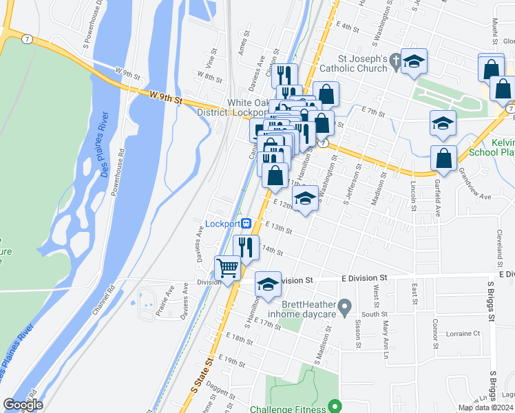 map of restaurants, bars, coffee shops, grocery stores, and more near 1215 South State Street in Lockport