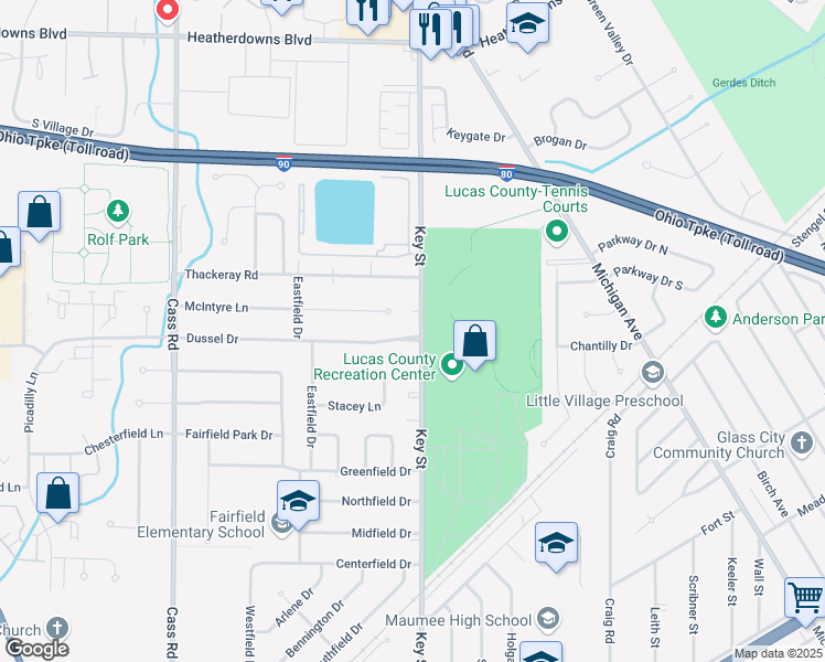map of restaurants, bars, coffee shops, grocery stores, and more near 1809 Key Street in Maumee