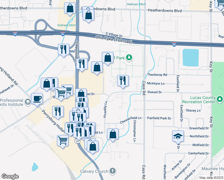 map of restaurants, bars, coffee shops, grocery stores, and more near 302 Wrexham Lane in Maumee