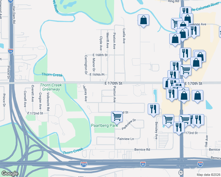 map of restaurants, bars, coffee shops, grocery stores, and more near 17009 Paxton Avenue in South Holland
