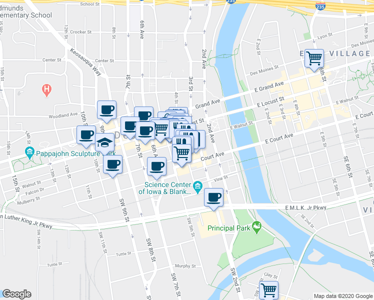 map of restaurants, bars, coffee shops, grocery stores, and more near 400 Walnut Street in Des Moines