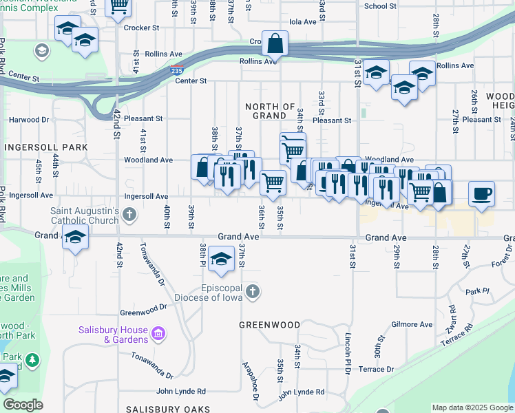 map of restaurants, bars, coffee shops, grocery stores, and more near 3612 Ingersoll Avenue in Des Moines