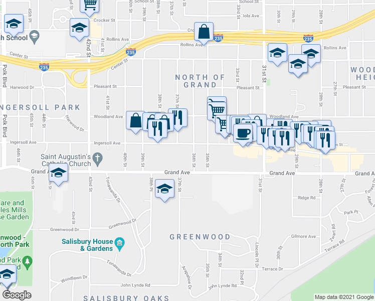 map of restaurants, bars, coffee shops, grocery stores, and more near 3612 Ingersoll Avenue in Des Moines