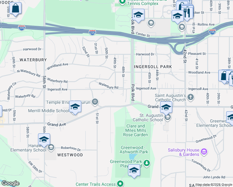 map of restaurants, bars, coffee shops, grocery stores, and more near 4820 Ingersoll Avenue in Des Moines