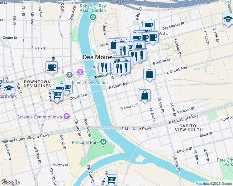 map of restaurants, bars, coffee shops, grocery stores, and more near 133 East 2nd Street in Des Moines