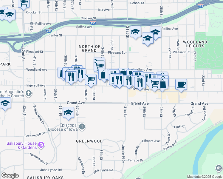 map of restaurants, bars, coffee shops, grocery stores, and more near 3228 Ingersoll Avenue in Des Moines