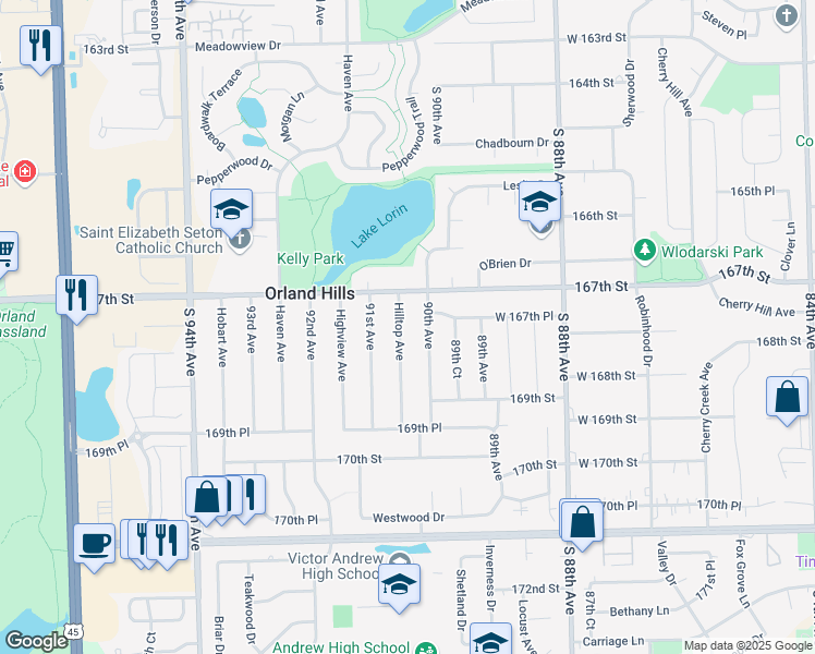 map of restaurants, bars, coffee shops, grocery stores, and more near 16743 Hilltop Avenue in Orland Hills