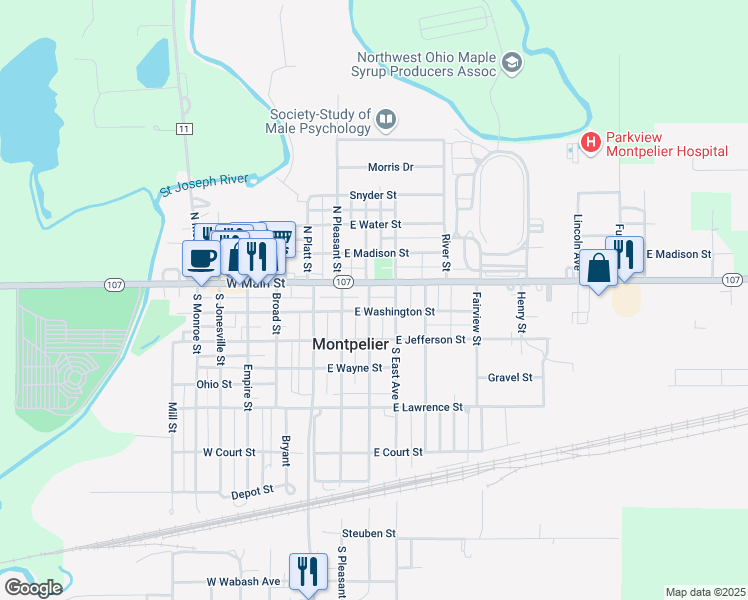map of restaurants, bars, coffee shops, grocery stores, and more near 108 South Harrison Street in Montpelier
