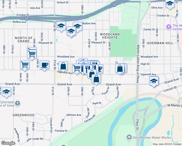 map of restaurants, bars, coffee shops, grocery stores, and more near 2615 Ingersoll Avenue in Des Moines