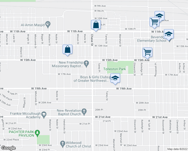 map of restaurants, bars, coffee shops, grocery stores, and more near 1701 Chase Street in Gary