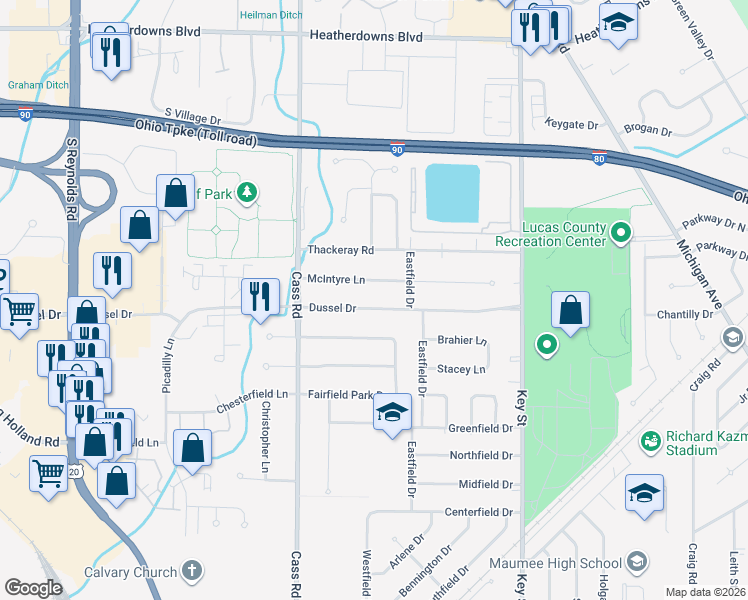 map of restaurants, bars, coffee shops, grocery stores, and more near 537 Dussel Drive in Maumee
