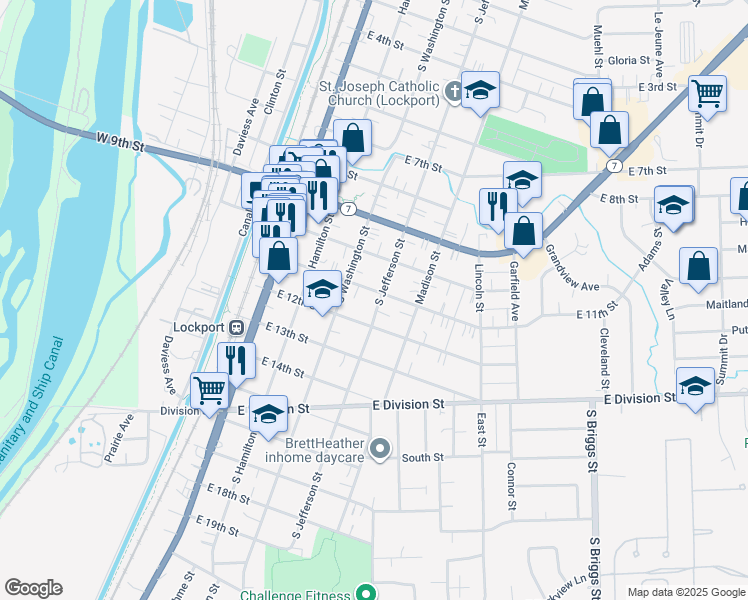 map of restaurants, bars, coffee shops, grocery stores, and more near 1107 South Jefferson Street in Lockport