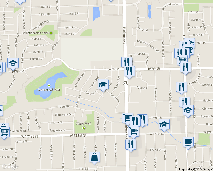 map of restaurants, bars, coffee shops, grocery stores, and more near 16800 Odell Avenue in Tinley Park