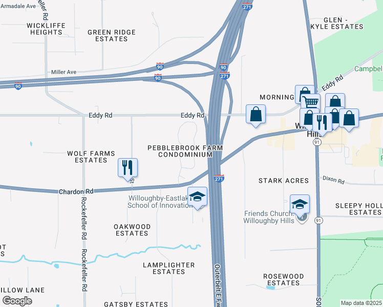 map of restaurants, bars, coffee shops, grocery stores, and more near 730 Pebblebrook Drive in Willoughby Hills