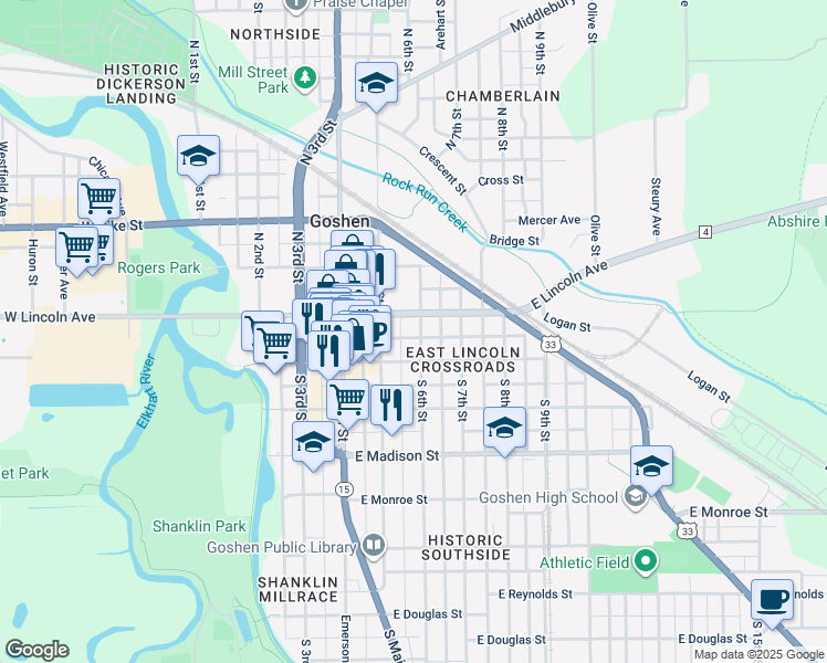 map of restaurants, bars, coffee shops, grocery stores, and more near 109 South 6th Street in Goshen