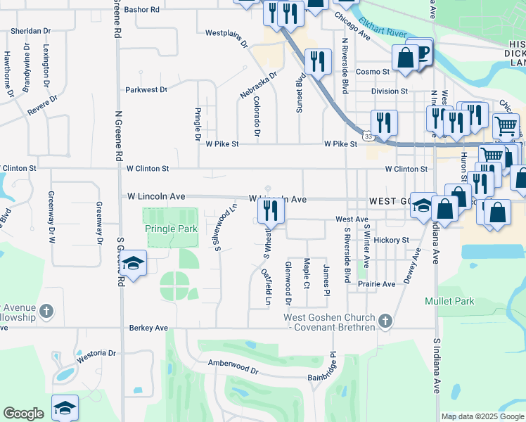 map of restaurants, bars, coffee shops, grocery stores, and more near 107 South Wheatland Drive in Goshen