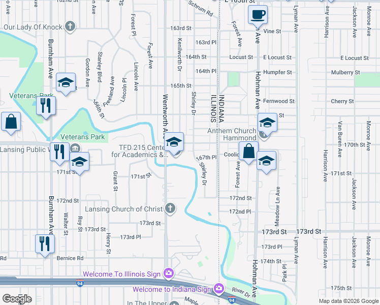 map of restaurants, bars, coffee shops, grocery stores, and more near 1608 Shirley Drive in Calumet City
