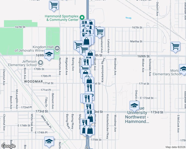 map of restaurants, bars, coffee shops, grocery stores, and more near 7020 Olcott Ave in Hammond