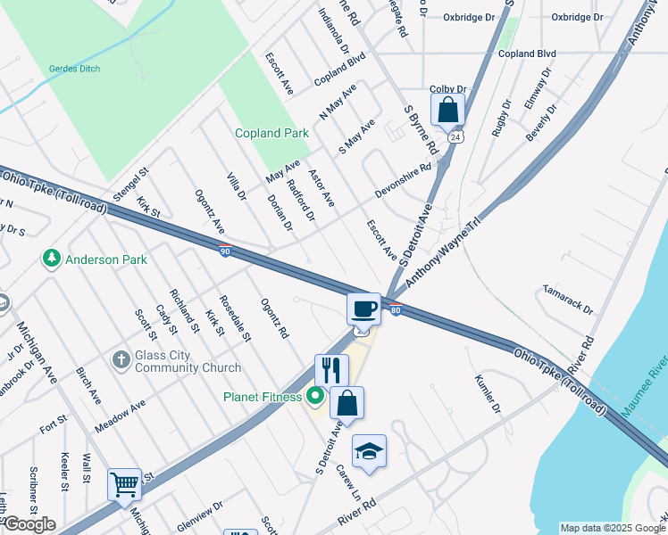 map of restaurants, bars, coffee shops, grocery stores, and more near 3248 Radford Drive in Toledo