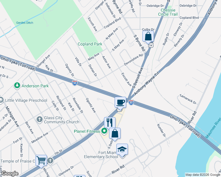 map of restaurants, bars, coffee shops, grocery stores, and more near 3248 Radford Drive in Toledo