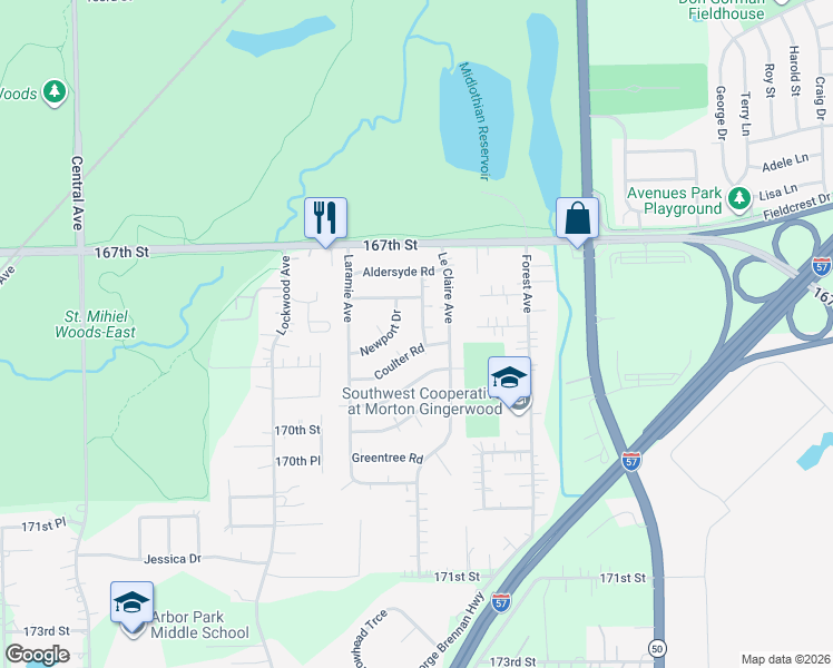 map of restaurants, bars, coffee shops, grocery stores, and more near 16824 Meadowdale Drive in Oak Forest