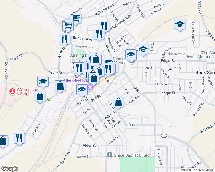 map of restaurants, bars, coffee shops, grocery stores, and more near 517 2nd St in Rock Springs