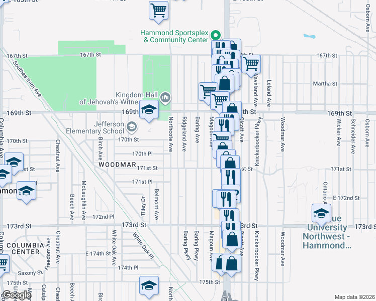 map of restaurants, bars, coffee shops, grocery stores, and more near 7019 Ridgeland Ave in Hammond